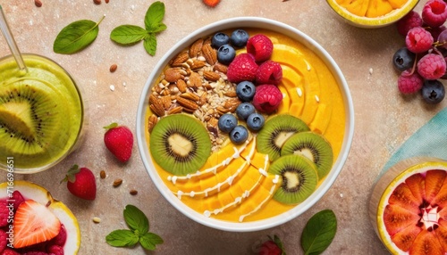  a bowl of oatmeal with kiwis, raspberries, kiwis, oranges, strawberries, and kiwis on a table.