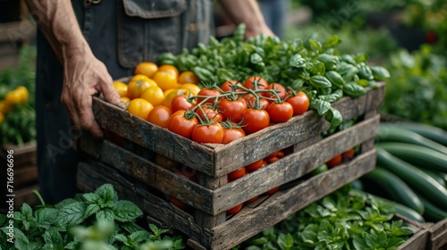 Caisse de légumes frais tenue par une personne : Marché ou jardin