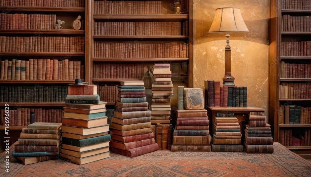  a pile of books sitting on top of a floor next to a lamp and a table with a lamp on top of it in front of a bookshelf.