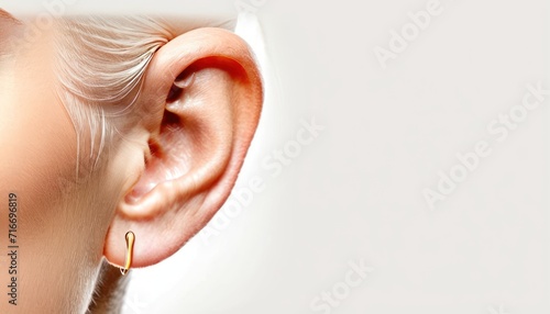  a close up of a woman's face with a pair of earrings in front of her ear and behind her ear is a piece of paper with a picture of a woman's face. photo