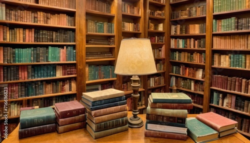  a lamp sitting on top of a wooden table in front of a bookshelf filled with many different types of books on top of a wooden bookshelves.