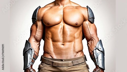  a picture of a shirtless man with his hands on his hips and his hands on his hips, wearing a pair of metal arms and a pair of gloves.