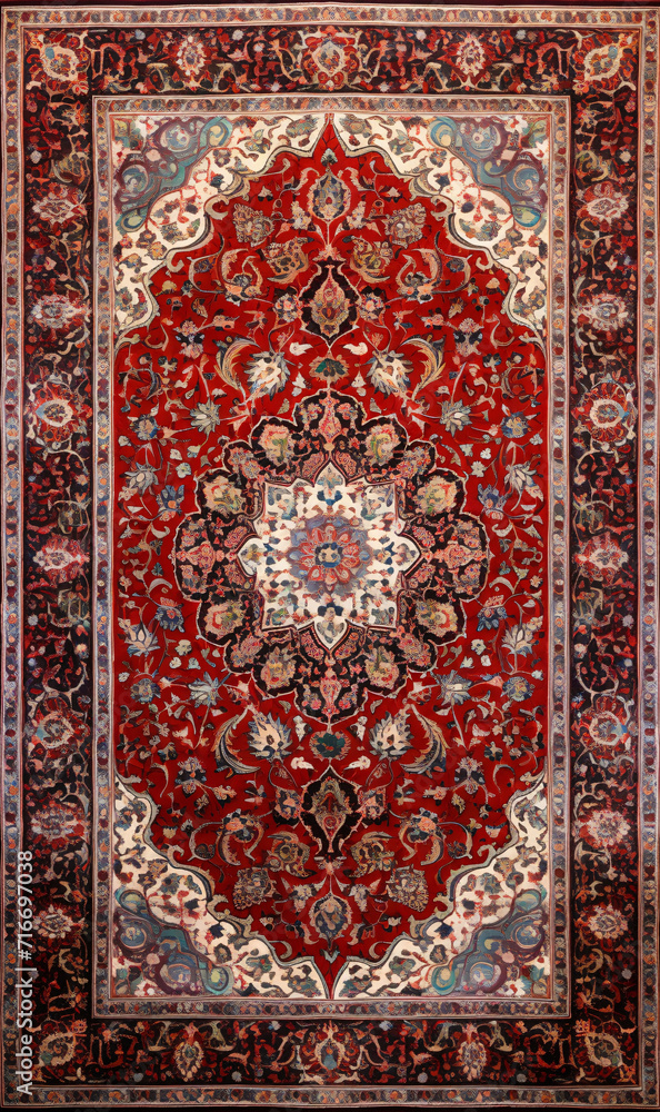 Persian carpet in red color with antique pattern on the floor top view