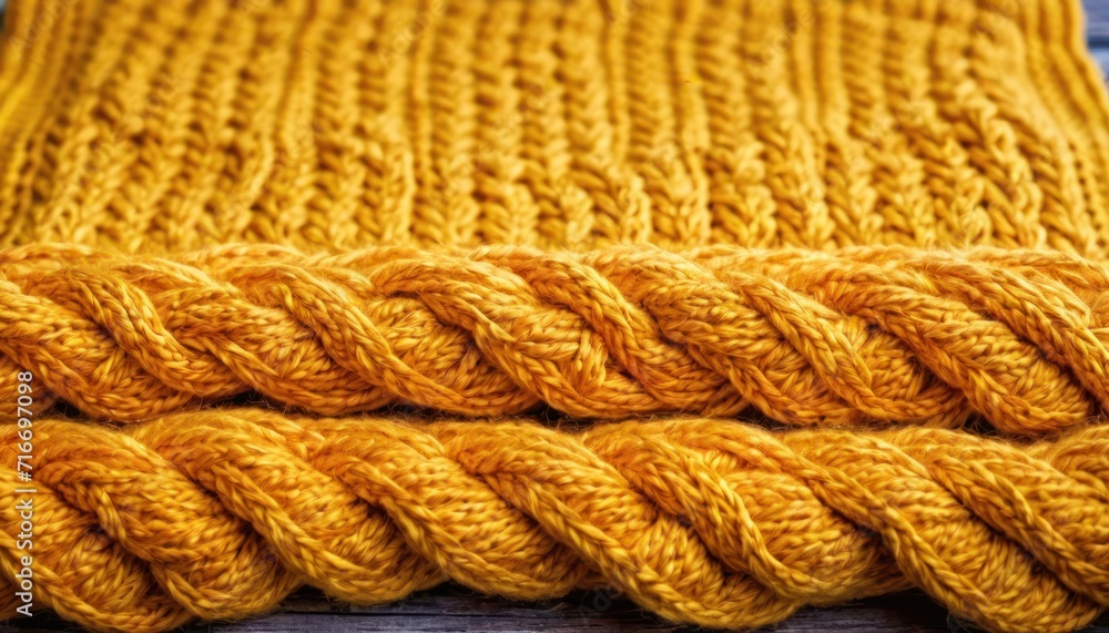  a yellow knitted blanket sitting on top of a wooden table next to a pair of scissors and a pair of scissors on top of a wooden table next to a yellow knitted blanket.