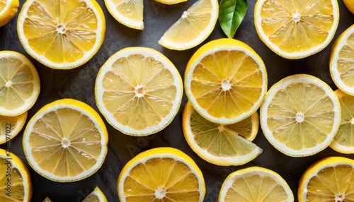  a bunch of lemons cut in half on top of a black surface with a green leaf on top of the other half of the whole lemons on top of the whole.