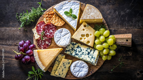 un plateau de fromages Français, bien présentés sur une planche en bois, vu de dessus