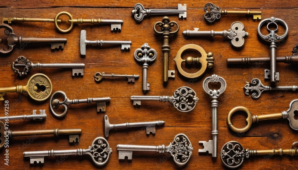 a bunch of keys that are sitting on a wooden table with one key in the middle of the keyhole and the other in the middle of the keyhole. a bunch of keys that are sitting on a wooden table with one key in the middle of the keyhole and the other in the middle of the keyhole.