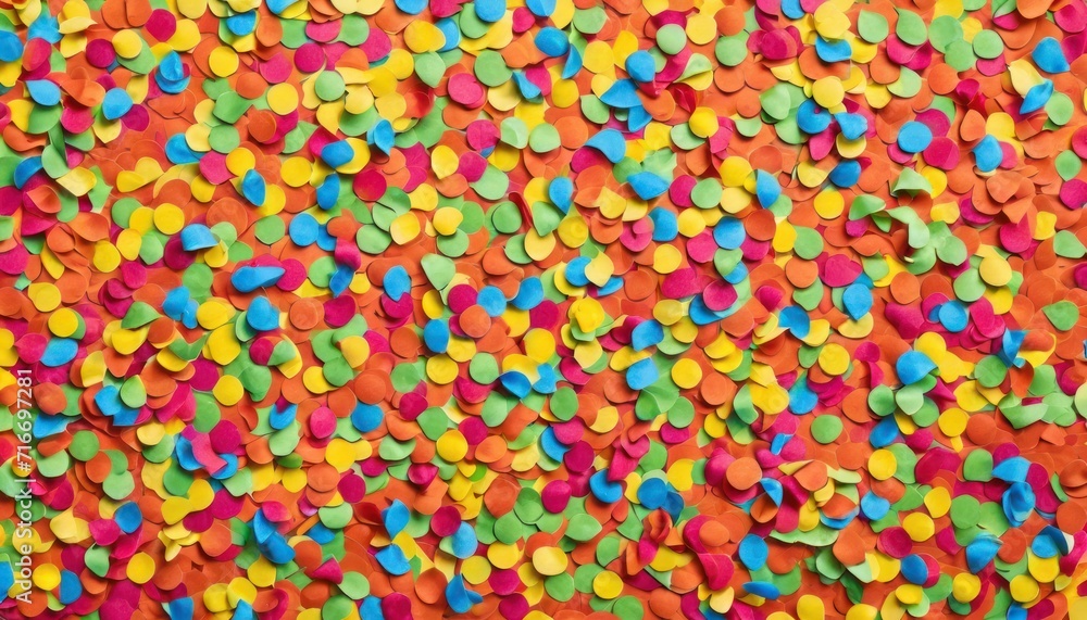  a large amount of colorful confetti scattered on a surface of orange, yellow, pink, green, blue, red, orange, and black confetti.