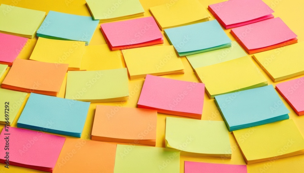  a bunch of post it notes sitting on top of a yellow sheet of paper with different colors of paper stuck to the side of each of the post - it.