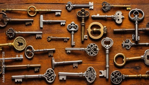  a bunch of keys that are sitting on a wooden table with one key in the middle of the keyhole and the other in the middle of the keyhole.