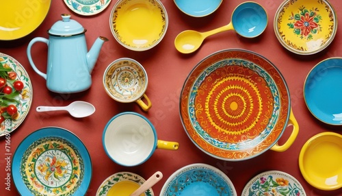  a red table topped with lots of colorful plates and bowls next to a blue teapot and a red tablecloth covered with yellow and blue plates and white dishes.