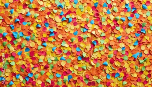  a close up of a multicolored wall with confetti in the middle of the wall and the colors of the confetti in the wall are orange  blue  yellow  red  green  yellow  red  orange  and pink  and yellow.