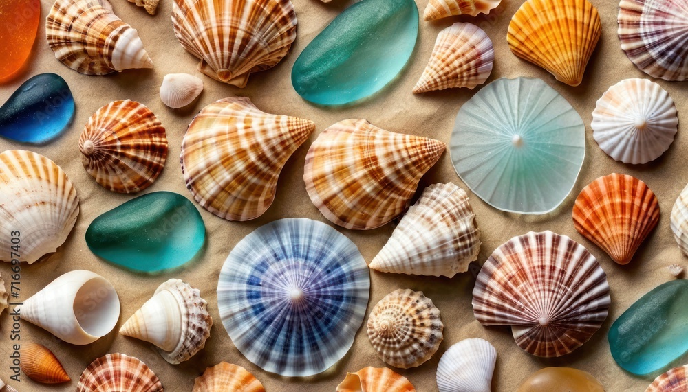 a group of seashells sitting on top of a table next to each other on top of a sheet of paper with a blue circle in the middle of them. a group of seashells sitting on top of a table next to each other on top of a sheet of paper with a blue circle in the middle of them.