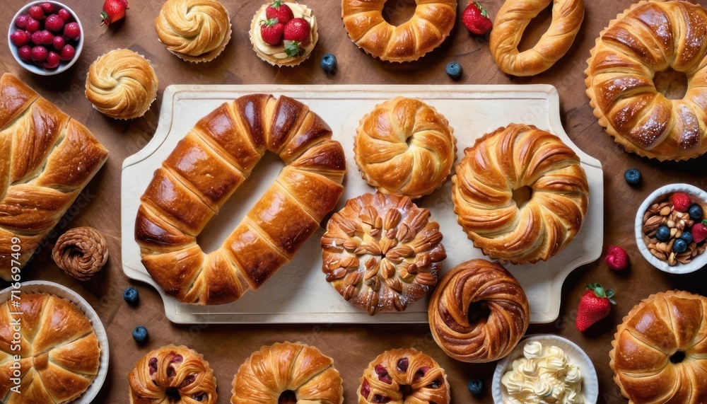 a table topped with croissants and other pastries next to bowls of fruit and a plate of fruit on top of a wooden table with a cutting board. a table topped with croissants and other pastries next to bowls of fruit and a plate of fruit on top of a wooden table with a cutting board.