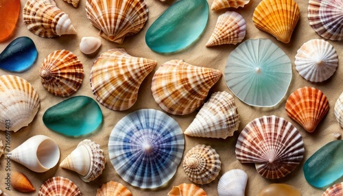  a group of seashells sitting on top of a table next to each other on top of a sheet of paper with a blue circle in the middle of them.