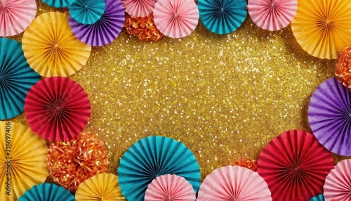  a group of colorful paper umbrellas sitting on top of a gold glittered surface in front of a gold glittered background with a gold glittered circle in the middle.