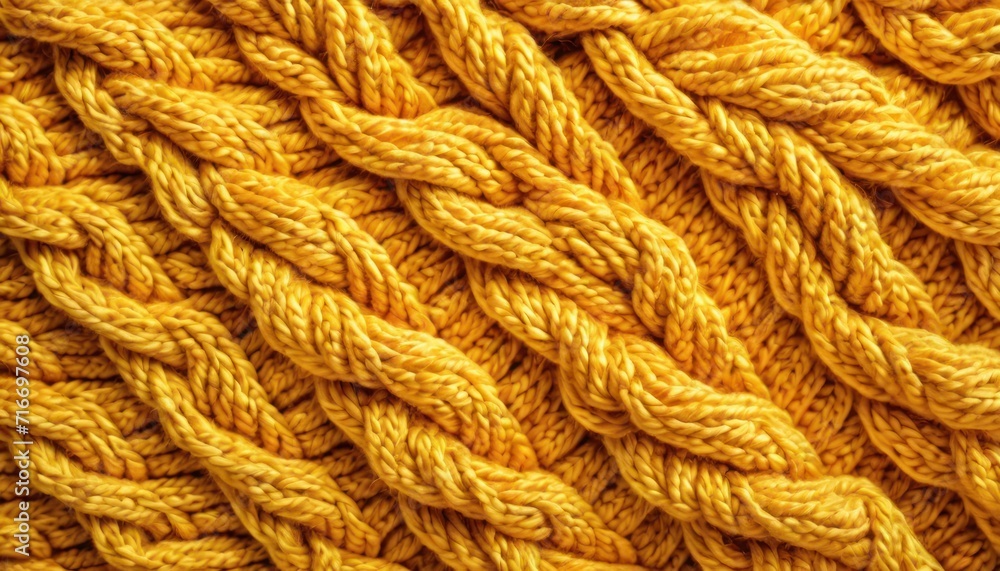  a close up view of a yellow knitted sweater with a braiding pattern on the bottom of the sweater and the bottom of the sweater is very thick yarn.