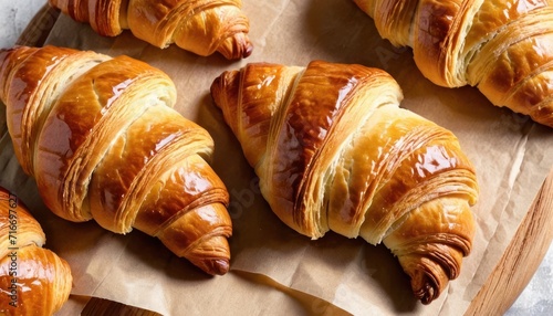  a group of croissants sitting on top of a piece of wax paper on top of a wooden cutting board next to a knife and a wooden spoon.