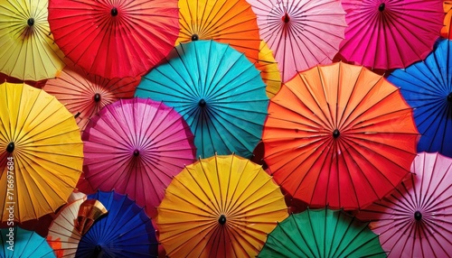  a large group of multicolored umbrellas with a person holding a cell phone in front of one of them and a wall of other umbrellas in the background.