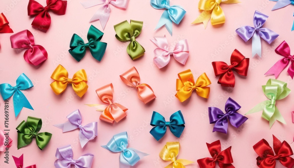  a group of multicolored bows on a pink background with one of them being smaller than the rest of the group of smaller bows on a pink background with a pink backdrop.