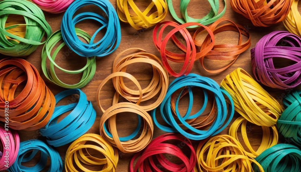  a close up of a bunch of different colored rubber bands on top of a wooden table with different colors of rubber bands on top of each of the rubber bands.