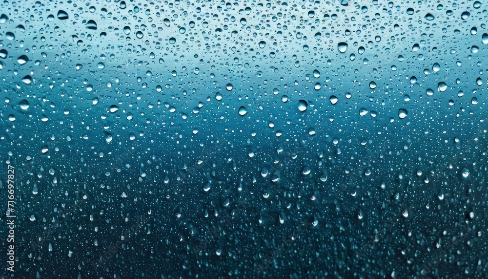  drops of water on a window pane with a blue and green ombretta in the foreground and a blue and green ombretta in the background.