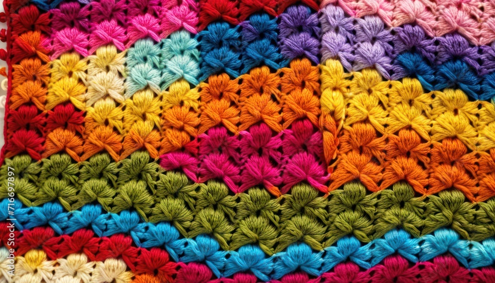  a close up of a crocheted blanket with multicolored crocheted squares on top of each of the crochet is a multicolored crochet pattern.