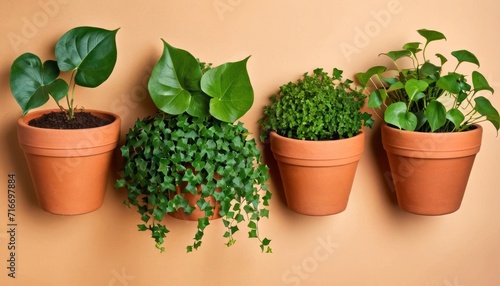  a group of potted plants sitting next to each other on top of a brown wall next to a planter with a green plant growing on top of it.