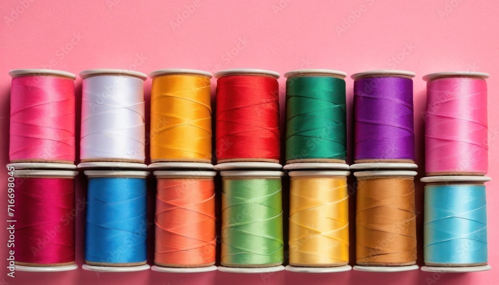 a row of spools of thread sitting on top of each other on top of a pink surface in front of a row of spools of spools of spools of spools of thread. a row of spools of thread sitting on top of each other on top of a pink surface in front of a row of spools of spools of spools of spools of thread.