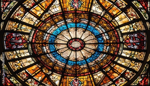  a large stained glass window with a circular design in the center of the window is blue, red, yellow, and white colors and has a circular design in the middle of the center.