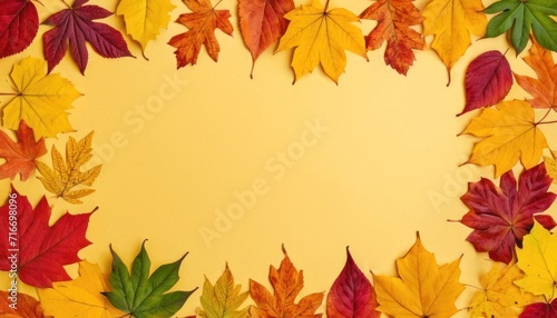  a group of autumn leaves arranged in the shape of a circle on a yellow background with a place for the text in the middle of the picture to put on the top of the picture.