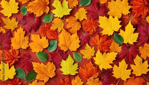  a bunch of leaves that are laying on a red surface with orange  yellow  and green leaves in the shape of a heart on top of a red background.