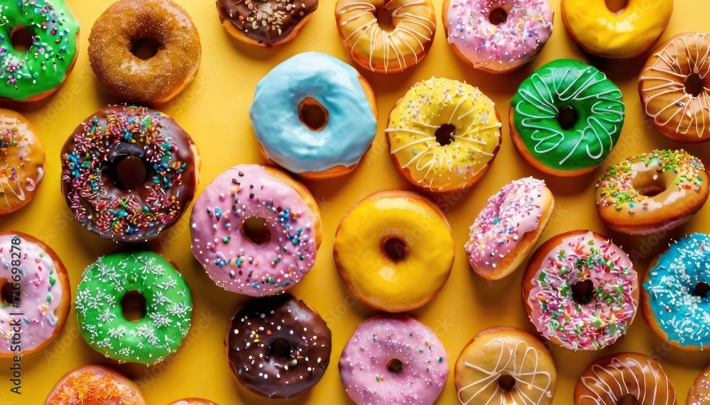 a bunch of doughnuts with sprinkles are arranged on a yellow surface with one of the doughnuts has a bite taken out of it. a bunch of doughnuts with sprinkles are arranged on a yellow surface with one of the doughnuts has a bite taken out of it.