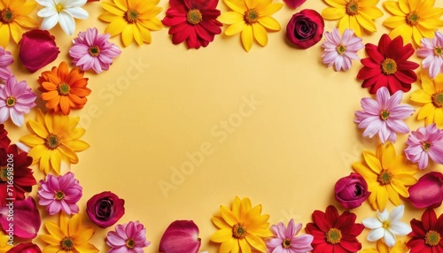  an overhead view of colorful flowers on a yellow background with a place for the text in the center of the image is a circle of red, white, pink, yellow, pink, and red, and yellow flowers.