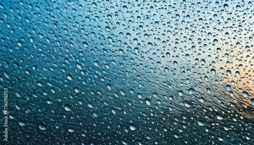  drops of water on a window with a sunset in the backgrouund of the image and a blue sky in the backgrouund of the window. © Jevjenijs