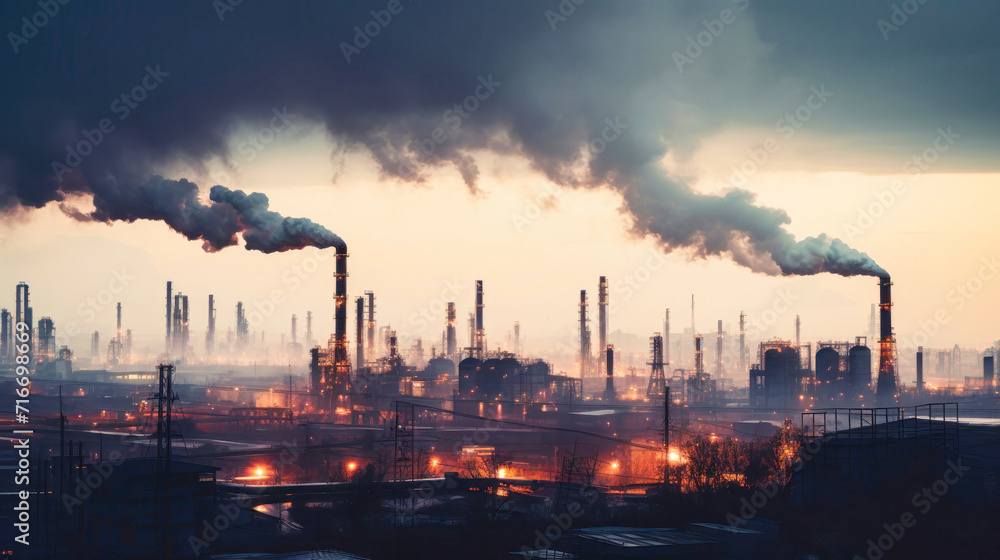 Working oil refinery. Smoke from a factory chimney. Environmental pollution. Emissions into the air pollute the city. Industrial waste is hazardous to health. Large factory in smog.