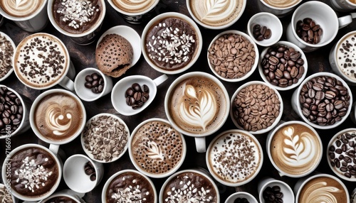  a table topped with lots of cups filled with different types of coffee beans and coffee beans on top of each cup and saucers filled with different types of coffee beans.