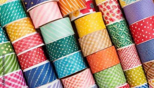  a pile of colorful washi tapes sitting on top of each other on top of a wooden table next to a pile of other rolls of different colored washi tapes.