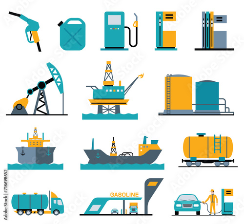 Icon set oil industry equipment. Parts of manufacturing plant used in oil industry. 