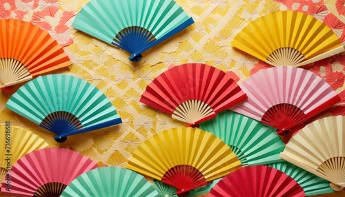  a group of colorful paper fans sitting on top of a yellow and pink wallpaper covered in a pattern of flowers and a lace doily doily table cloth.