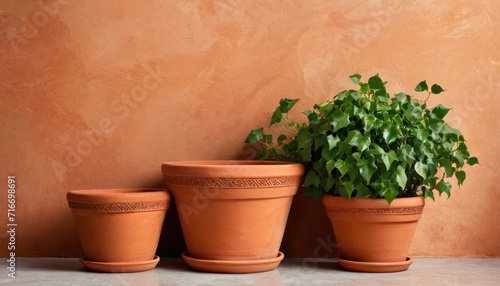  a group of three clay pots with a plant growing out of one of them, and a plant growing out of the other, against a tan colored background wall.