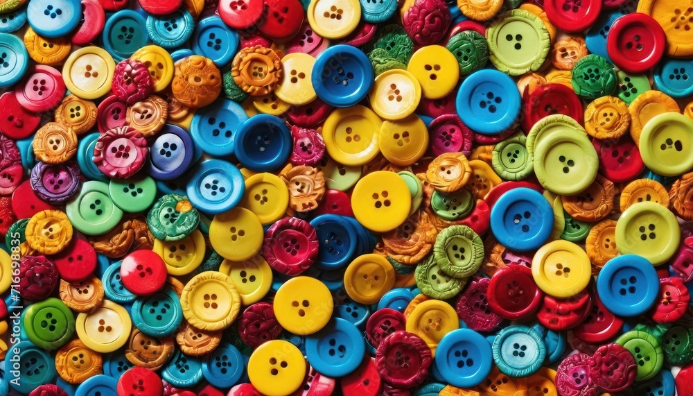 a pile of colorful buttons sitting on top of a pile of white and yellow buttons on top of a table next to a pile of red and yellow and green buttons. a pile of colorful buttons sitting on top of a pile of white and yellow buttons on top of a table next to a pile of red and yellow and green buttons.