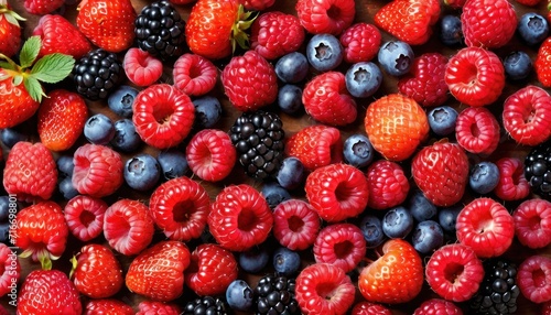  a mixture of berries, raspberries, blueberries, and raspberries arranged in a pattern on top of a wooden surface with a leafy green leaf.