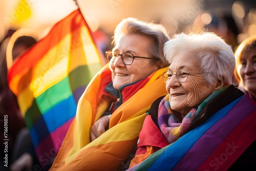 Happy senior lesbian couple on street enjoying LGBT parade. Smiling people during march on street for LGBT rights. Diversity, tolerance and gender identity concept. photo