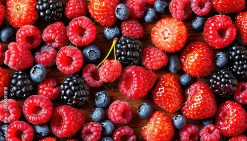  raspberries, blueberries, and raspberries are arranged in a pattern on a wooden surface with a green twig in the middle of the photo.