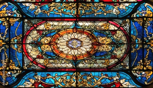  a multicolored stained glass window with a circular design in the center of the window is ornately decorated with gold, red, blue, yellow, and green leaves and white.