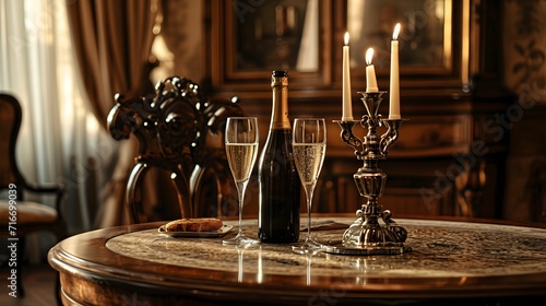 wine glasses on a table  a table with a bottle of champagne and two glasses of wine on it and a candle holder on the table