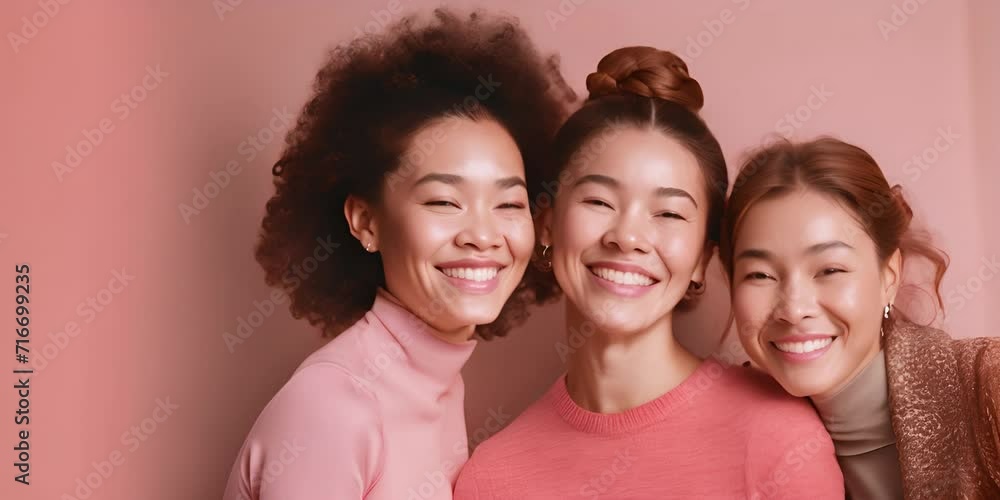 Three women of different nationalities on a pink background. The concept of 8 March and International Women's Day Three women of different nationalities on a pink background. The concept of 8 March and International Women's Day