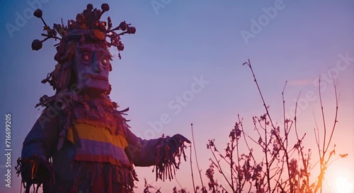 A scary scarecrow in a patchwork cloak against a sunset background. The concept of Maslenitsa  photo