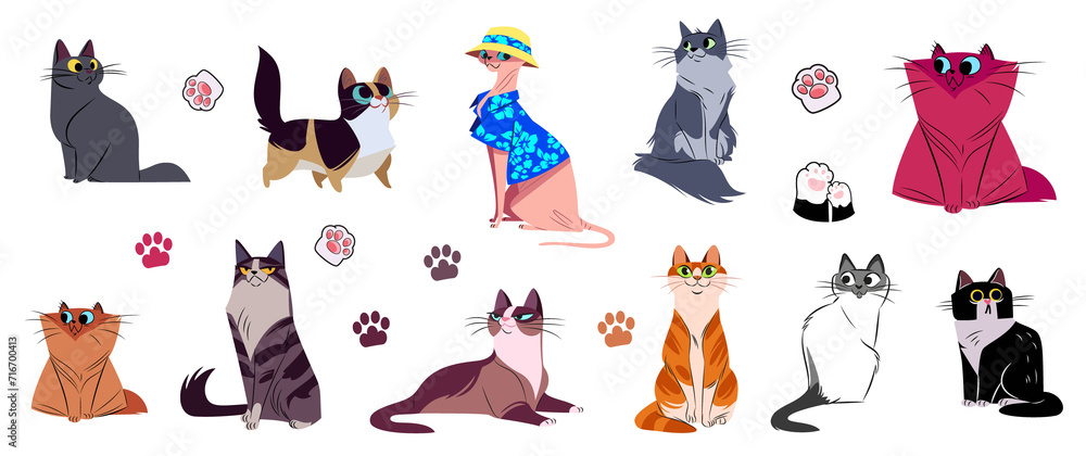 cats, kittens and their paws, set stickers, vector	